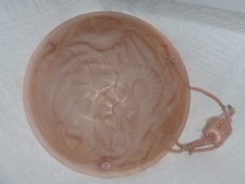 DEGUE ANCIENNE SUSPENSION LUSTRE ART DECO VERRE MOULE PRESSE DEPOLI ROSE