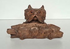 Ancien encrier en bois style forêt noir tête de chien yeux en verres début 20ème