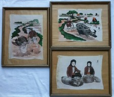 3 tableaux, peintures sur tissu soyeux,asiatique, signé, artisanal,Vietnam