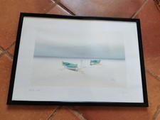 Lithographie 2 barques sur la plage Barete verdi de C. Giordani