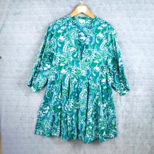 AN'GE Robe Tunique Femme S Vert Blanc Motif Paisley Bohème Manches 3/4 Évasée