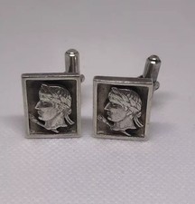Antique-Style French Sterling Silver Cufflinks Laurel Wreath Emperor Head Design