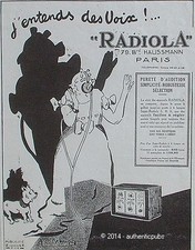 PUBLICITE RADIOLA POSTE RECEPTEUR 6 LAMPES SIGNE BELLAIGUE DE 1925 FRENCH AD PUB