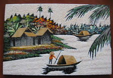 Tableau asiatique sable & coquilles d’œufs Paysage du Vietnam riviére jonque N°4
