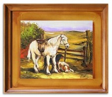 Chasse - Blanc Cheval - Peinture À L'Huile Peint à la Main - avec Cadre 27x32cm