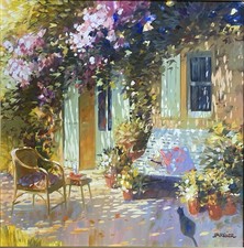 Tableau Huile Toile 60x60 Signé PARCELIER Paysage Jardin Soleil Galerie Art Val