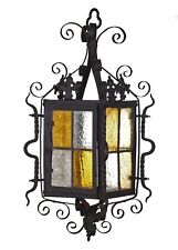 Ancienne Suspension Lanterne en Fer Forgé avec Vitraux Ancien Lustre fin 19e