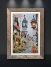 Peinture à l’huile sur toile Rue ancienne avec horloge 22x33 cm
