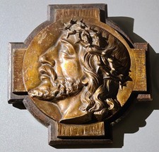 Plaque Murale Sculpture de Jésus Christ en Bronze sur croix en bois