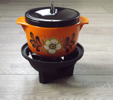 French Vintage Normar Cast Iron Enameled Bright Orange Floral  Fondue Set 4615