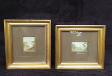 Paire de tableaux miniatures peinture aquarelles paysage forêt anciens