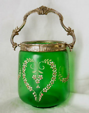 Ancien seau à biscuit en verre givré vert  ,décor floral coeur  émaillé