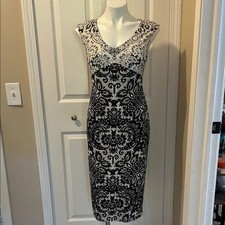 Black and White Patterned Midi Dress, Size 4
