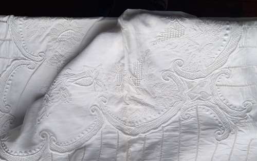 Drap ancien brodé grand - drap,