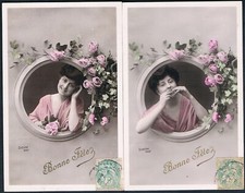 X033 COMPLETE SET of 5 PHOTOS pcs EDWARDIAN LADY WOMAN in FRAME ROSES