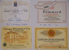 4 étiquette SAINT-AUBIN 1989 Leflaive+POMMARD 1985+CORTON-CHARLEMAGNE+CHASSAGNE 