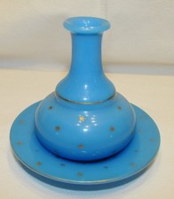 PETITE CARAFE NAPOLEON III & SOUCOUPE opaline de cristal bleue 19ème