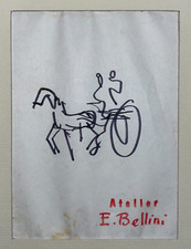 Caleche Cheval Voiture EMMANUEL BELLINI Feutre DESSIN ORIGINAL XX°