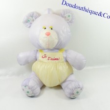 Peluche ours BIKIN Puffalump toile de parachute Je t'aime jaune violet vintage