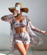 Ensemble bikini 3 pièces à imprimé géométrique, bas court boxer, Haut Réglable.