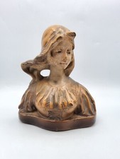 Statue sculpture petit buste de jeune femme en plâtre polychrome début XXème