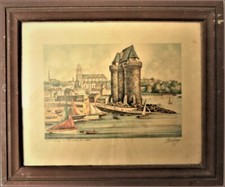 GRAVURE de BARDAY - SIGNEE  ENCADREE ET SITUEE SAINT SERVAN LA TOUR SOLIDOR PORT