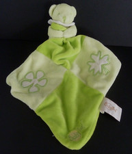 *. DOUDOU PELUCHE BABY NAT OURS MOUCHOIR VERT BLANC FLEUR  LUMINESCENT TTBE