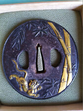 RARE Tsuba 2 faces Tigre ou Chrysantheme, fer, dorures - Garde katana Edo Japon