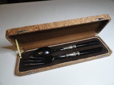 ancien COUVERT à SALADE Corne de zébu monture métal aspect argent