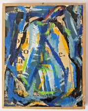 Tableau, peinture, collage technique mixte sur panneau de bois, à identifier.