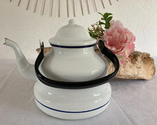 725⚜️ Ancienne Bouilloire en Tôle Émaillée Blanc Vintage Authentique