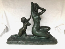 bronze art deco signe ALFRED JEAN FORETAY patine verte FEMME A L'ENFANT