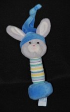 ?Doudou Hochet Lapin GIPSY Baton Gris Bonnet Bleu Grelot Peluche 18 Cm TTBE