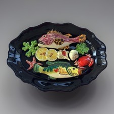 vallauris Plat Barbotine Reliefs Poisson Ceramique Vintage 