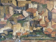Très Belle Peinture Cubiste Village Huile Toile  1950 Cubisme A Identifier Art