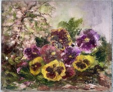 Bouquet de pensées huile sur toile signée Crépin 27x22cm fleurs anciennes