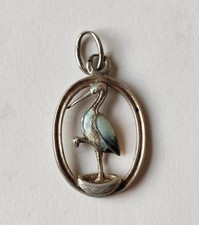 Ancien Pendentif Cigogne En  Argent et email
