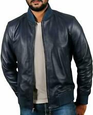 Nouveau Blouson Cuir Décontracté Homme En Agneau Véritable Bleu Marine