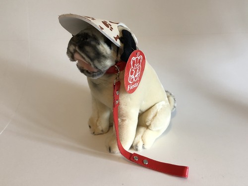 Sitting pug wearing visor - sitting,