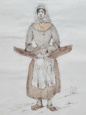 CORSE Femme DESSIN ORIGINAL Encre AQUARELLE Costume 1830