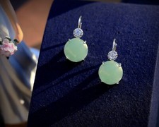 Boucles d'oreilles Dormeuse Argenté Art Deco Demi Perle Agate Vert Clair SC2