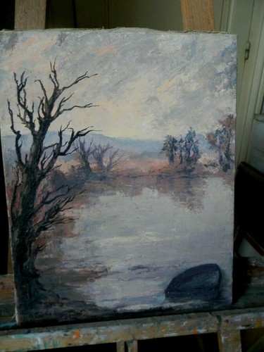Tableau ancien paysage etang - tableau,