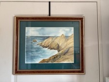 Ancien Aquarelle Mer Falaise Vague Phare Signé Encadré Sous Verre