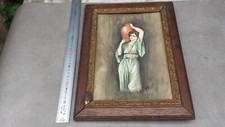 Ancien superbe tableau dessin LA PORTEUSE D'EAU ORIENTALE, signé à identifier