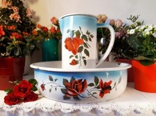 Stunning antique french enameled Japy wash set pitcher basin blue red roses 1930