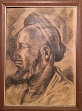 Ancien Fusain Dessin Portrait