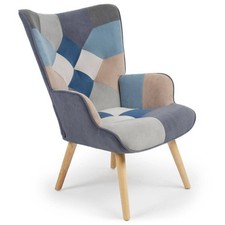 Fauteuil Scandinave en Velours "Patchwork" Gris & Bleu
