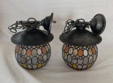 Lot De 2 Suspensions Lustre Lampe Globe Vintage Verre Et Fer