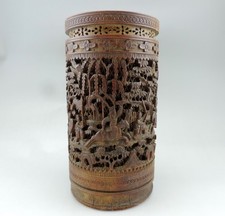 GRAND BITONG pot a pinceaux EN BAMBOU SCULPTE monté en PIED DE LAMPE CHINE 19EME