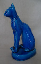 Figurine , porcelaine de Chine bleu émaillé craquelée  , chat Egyptien , Bastet